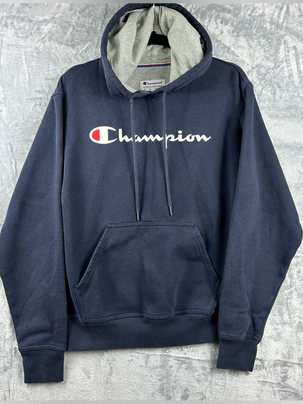 Champion Navy Hooded Pullover Sweatshirt Gray Lined Hood Script Logo Size Small